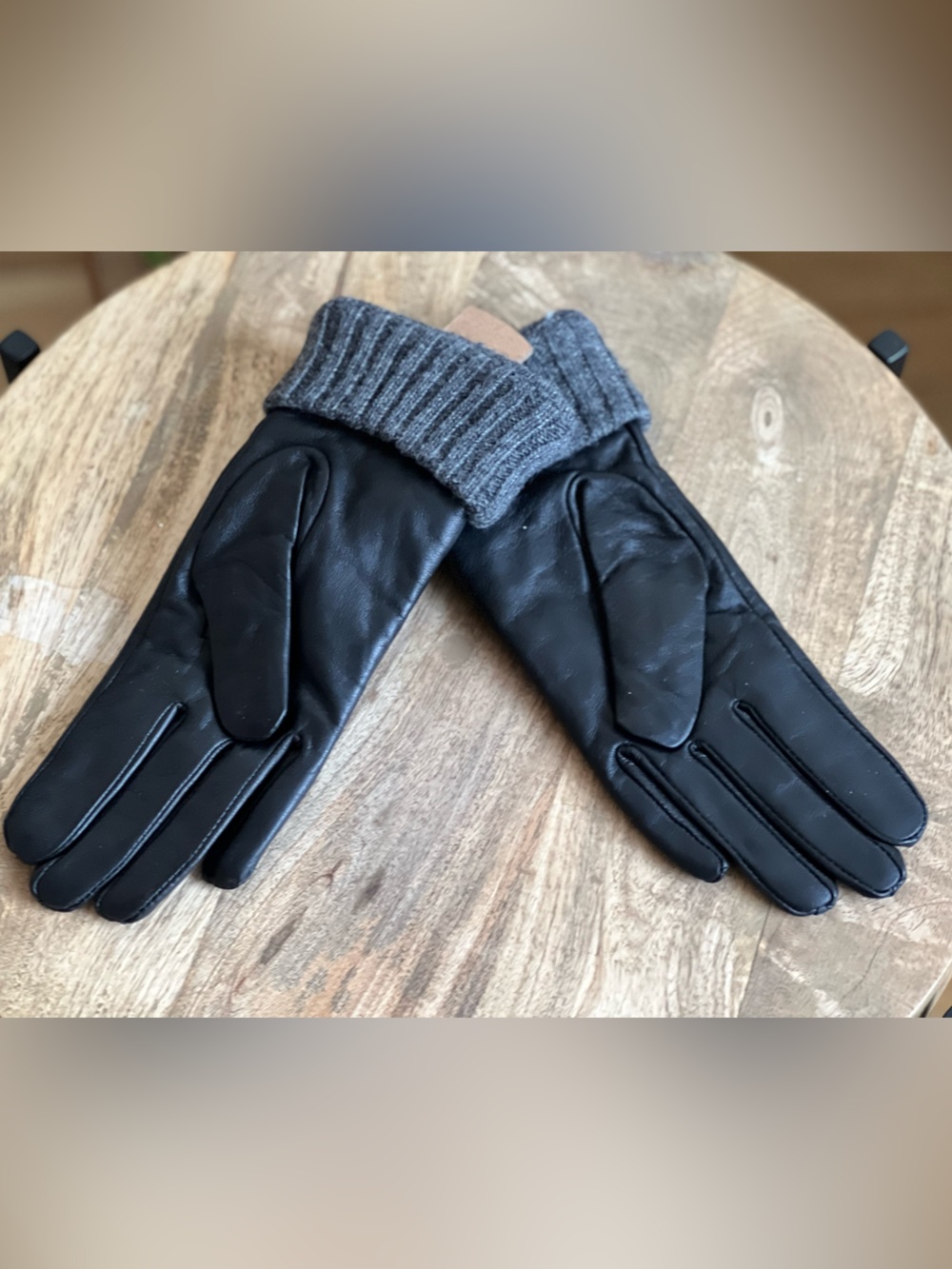 Women’s Black Leather Gloves with Gray Knit Cuff